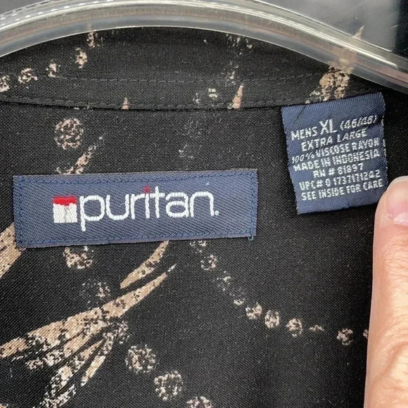 Puritan Men’s Tropical Shirt XL Black Tan Palm Leaves Short Sleeve Button Down - Picture 6 of 8